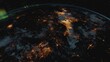 The change of day and night on planet earth a view from space. 3D render of Earth with a detailed night view showing city lights and shooting stars. The development of civilization