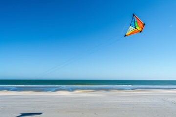 Wall Mural - A colorful kite soaring high in the clear blue sky, casting a playful shadow on the beach below