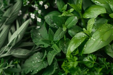 Wall Mural - fresh herbs and flowers with drops of essential oils glistening on their leaves, emphasizing natural elements