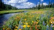 © ktianngoen0128 - A field of vibrant wildflowers stretching to the horizon, a winding river cutting through, panoramic