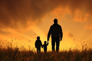 Wall Mural - A man is holding the hands of two children as they walk through a field