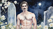 Strange athlete man shirtless in a cemetery at night, watercolor painting style, generative AI.