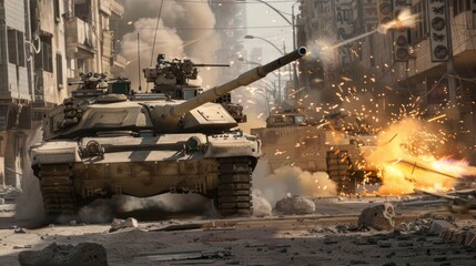 Canvas Print - A photorealistic depiction of an Military tank M1 Abrams engaged in a close-quarters urban firefight Sparks fly as its turret swivels