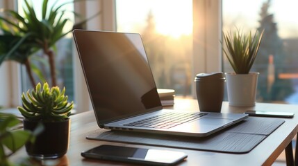 Neatly arranged morning light business office table with laptop, mobile phone and mouse and green plants