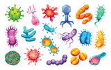Fototapeta Dinusie - Set of bacteria, viruses and germs. Microscopic cell illness, bacterium and microorganism. Vector illustration
