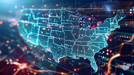 Digital map of USA, concept of North America global network and connectivity, data transfer and cyber technology, information exchange and telecommunication