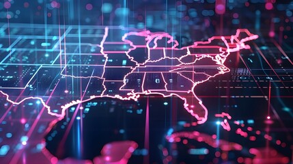 Digital map of USA, concept of North America global network and connectivity, data transfer and cyber technology, information exchange and telecommunication