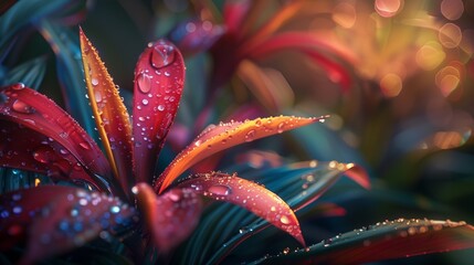 Wall Mural - A close-up of a tropical flower with dew drops in the morning light.