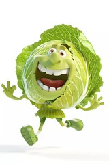 cabbage cartoon character with stylized jumping into the air, 3d illustration of cabbage cartoon character, isolated on white background.