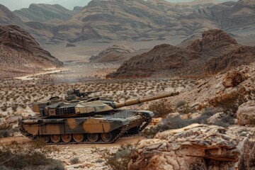 Wall Mural - M1 Abrams tank camouflaged amongst desert rock formations, almost blending with the harsh environment