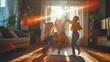 © Scott - A family having a spontaneous dance party in the living room, music blasting and laughter filling the air.