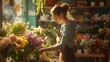 A florist arranging a colorful bouquet in a quaint flower shop.