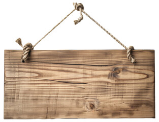 Wall Mural - A rustic wooden signboard hanging by a rugged jute rope on a clean white background.