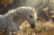 hyper realistic and very detailed white unicorn covered with white gold glitter shining under sunlight, with a background of a dreamy foggy flowers garden . cinematic.