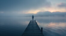 A Person Standing On A Pier, Gazing At The Horizon During A Foggy Morning.