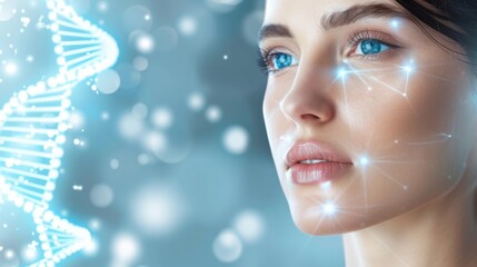 Aufkleber - A woman looks intently at a floating digital representation of a DNA helix, symbolizing advanced biotechnology.