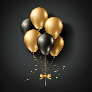 Vector happy birthday illustration with 3d realistic golden air balloon on black background