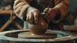 A potters hands shaping a vase on a spinning wheel.