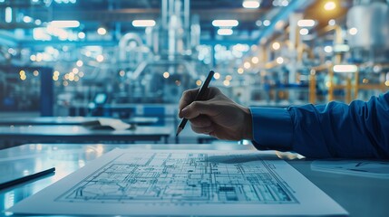 Industrial Engineer Analyzing Blueprint in Factory Setting. Professional in Work Environment, Engineering Concept. Focused on Innovation and Efficiency. AI