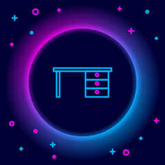 Poster - Glowing neon line Office desk icon isolated on black background. Colorful outline concept. Vector