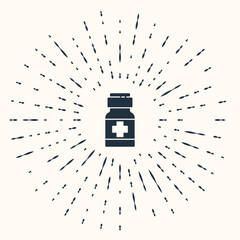 Wall Mural - Grey Medicine bottle and pills icon isolated on beige background. Medical drug package for tablet, vitamin, antibiotic, aspirin. Abstract circle random dots. Vector.