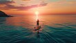 A sunset paddleboarding adventure on calm waters, with warm hues reflecting on the surface.