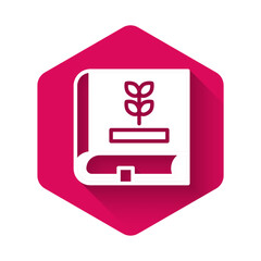 Sticker - White Book about seeds icon isolated with long shadow background. Pink hexagon button. Vector