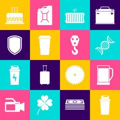 Sticker - Set Fitness shaker, Glass of beer, DNA symbol, Heating radiator, Coffee cup and Shield icon. Vector