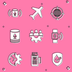 Wall Mural - Set Voice assistant, Plane, Outsourcing concept, , Project team base and Contactless payment icon. Vector