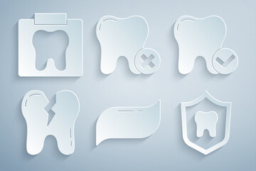 Sticker - Set Toothpaste, whitening concept, Broken tooth, Dental protection, with caries and X-ray of icon. Vector