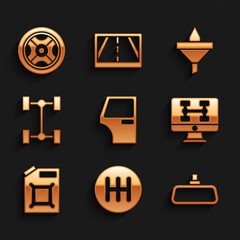 Sticker - Set Car door, Gear shifter, mirror, Diagnostics condition of car, Canister for gasoline, Chassis, Funnel and oil drop and wheel icon. Vector