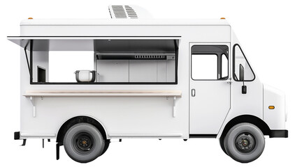 Wall Mural - Side view of a modern white food truck with service window open