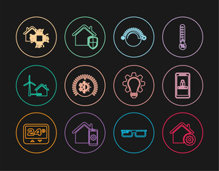 Poster - Set line Smart home settings, Mobile and password protection, Thermostat, House with wind turbine, Light bulb gear and under icon. Vector