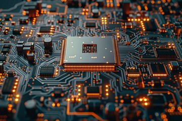 Poster - Blue circuit board with illuminated components and yellow dots for enhanced visibility