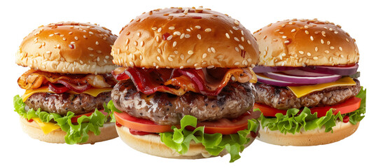 Wall Mural - Three delicious gourmet burgers with various toppings isolated on a white background.