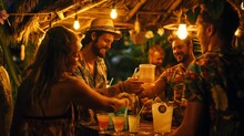 Friends Gathered Around A Makeshift Tiki Bar, Mixing And Shaking Their Own Cocktails Under The Guidance Of A Skilled Bartender.
