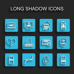 Poster - set line mobile and password, bezier curve, laptop with, money lock, wifi locked, shield vpn wireles