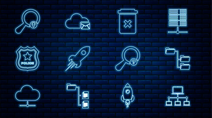Poster - set line computer network, folder tree, trash can, rocket ship with fire, police badge, search locat