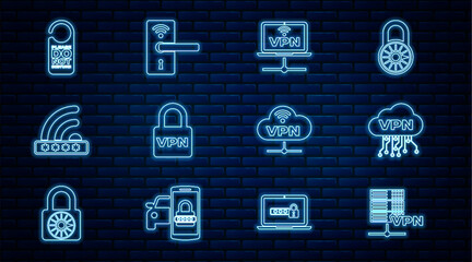 Fototapete - Set line Server VPN, Cloud interface, Computer network, Lock, Wifi locked, Please do not disturb, Network cloud connection and Digital door with wireless icon. Vector