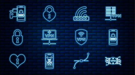 Fototapete - Set line VPN with microchip circuit, Mobile and password, Wifi locked, Computer network, Lock, Smart car security system, Shield wireless and Castle in the shape of heart icon. Vector