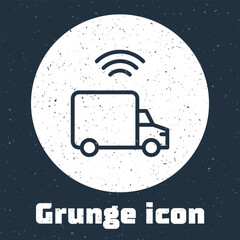 Sticker - Grunge line Smart delivery cargo truck vehicle with wireless connection icon isolated on grey background. Monochrome vintage drawing. Vector