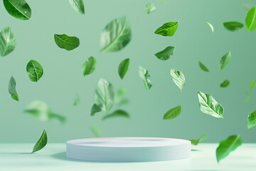 Wall Mural - A white pedestal with green leaves falling from it