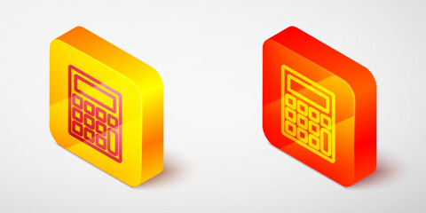 Poster - Isometric line Calculator icon isolated on grey background. Accounting symbol. Business calculations mathematics education and finance. Yellow and orange square button. Vector