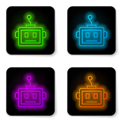 Poster - Glowing neon line Artificial intelligence robot icon isolated on white background. Machine learning, cloud computing. Black square button. Vector