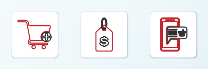 Poster - Set line Mobile and shopping basket, Add to Shopping cart and Price tag with dollar icon. Vector