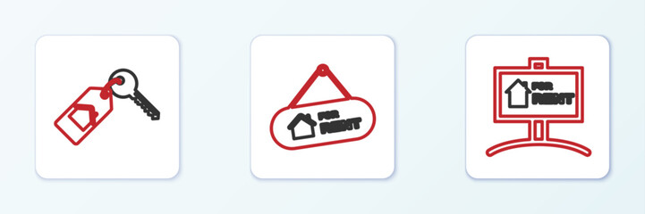 Poster - set line hanging sign with for rent, house key and icon. vector
