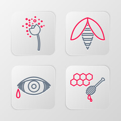 Sticker - Set line Honeycomb with honey dipper, Reddish eye allergic conjunctivitis, Bee and Flower producing pollen icon. Vector