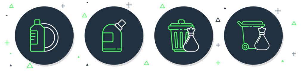 Poster - set line bottles for cleaning agent, trash can and garbage bag, dishwashing liquid bottle plate and 