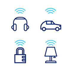 Poster - set line smart table lamp, safe combination lock, car system with wireless and headphones icon. vect