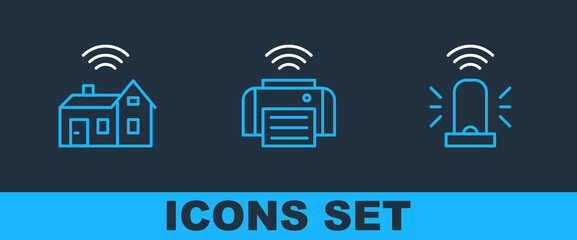 Poster - set line smart flasher siren, home with wireless and printer icon. vector